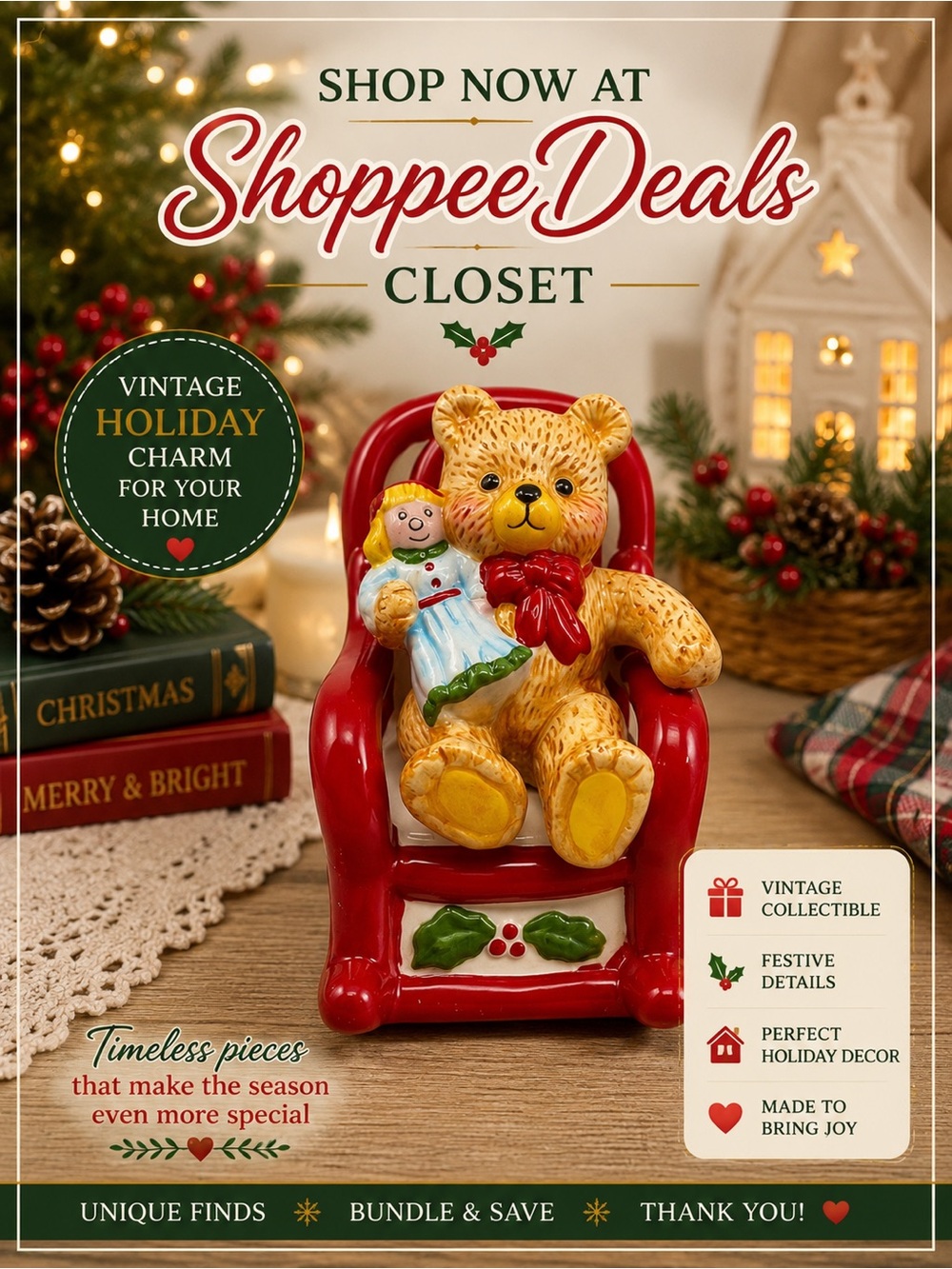 Vintage Christmas Teddy Bear Rocking Chair Doll Ceramic Figurine Holiday Decor